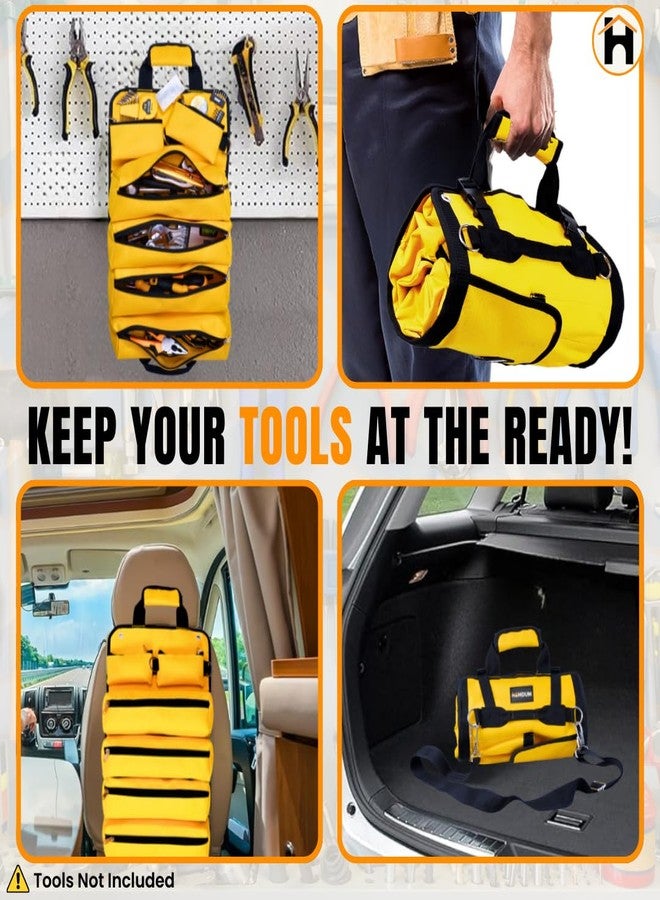 Homdum Tool Bag Tools Storage Bag Portable Roll Up,Heavy Duty Tool Organizer with 4 Zipper Pocket & 2 Detachable Tool Pouch waterproof for Electrician Plumber Technician Nylon Matrial(Yellow/Black) - Image 4
